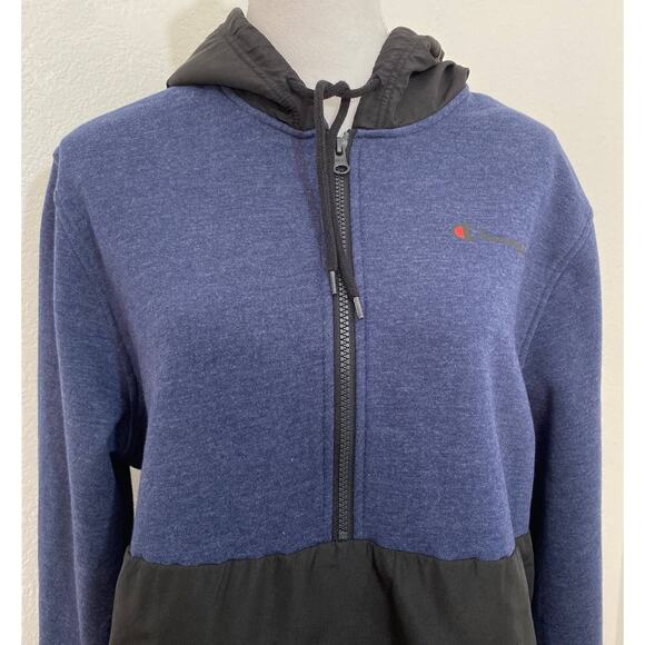 Champion Size L Black Navy Color Block Half Zip Hoodie Long Sleeve Athleisure - Picture 2 of 11
